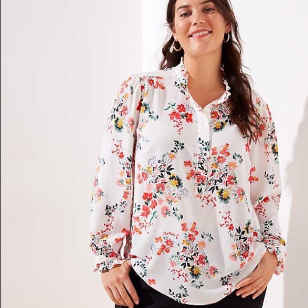 LOFT Floral Ruffle Henley Utility Blouse